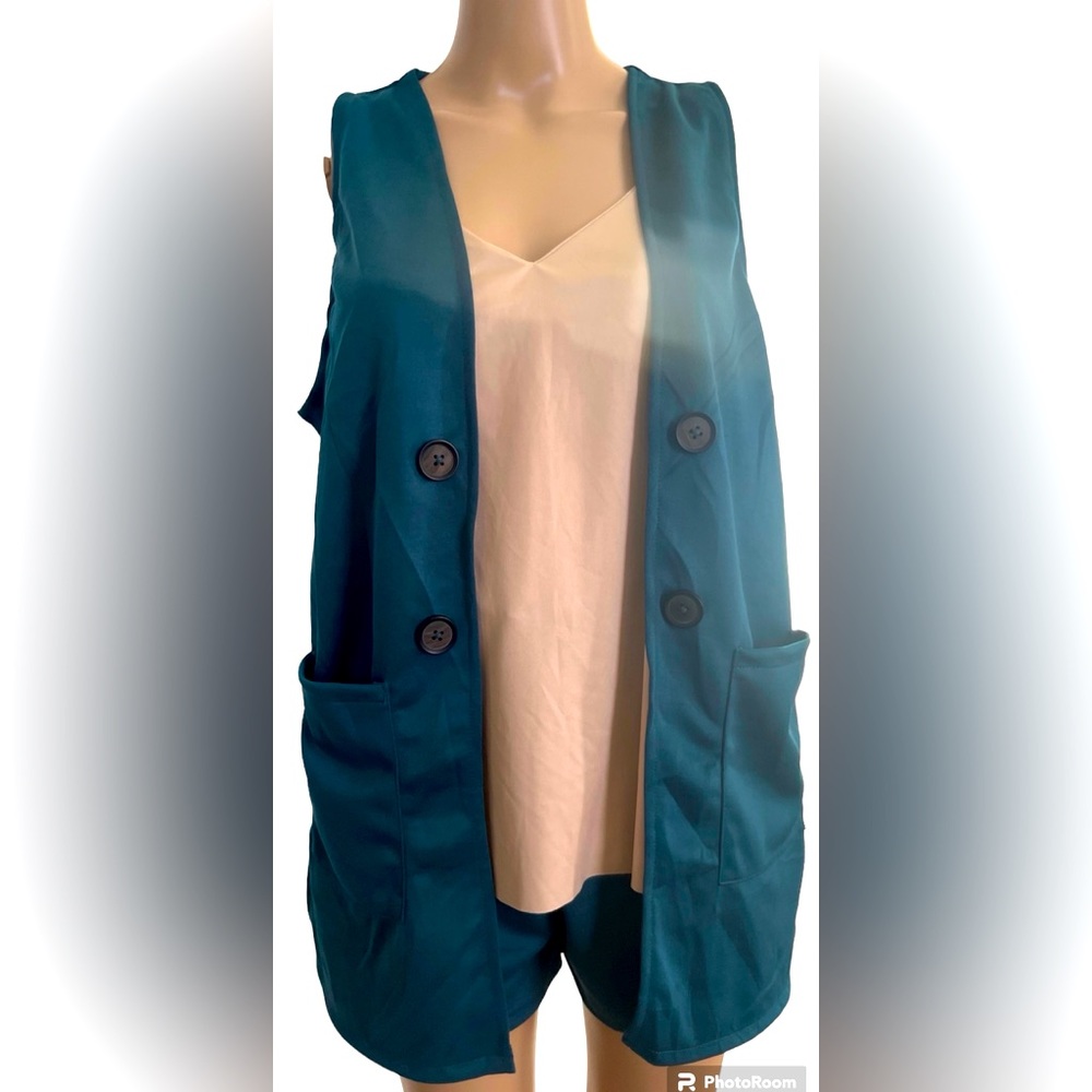 Classy Draped Collar Self Button Vest with shorts (inside top is not included)